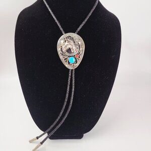 Horse Bolo Tie with Turquoise & Coral Stones Vintage